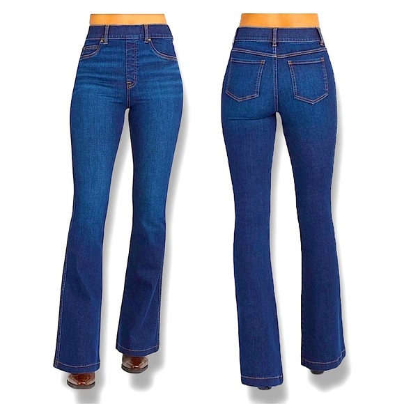 SPANX Flared Jeans Women's S 4/6 LONG TALL High Rise Dark Blue Jeans Pull On - Picture 1 of 9